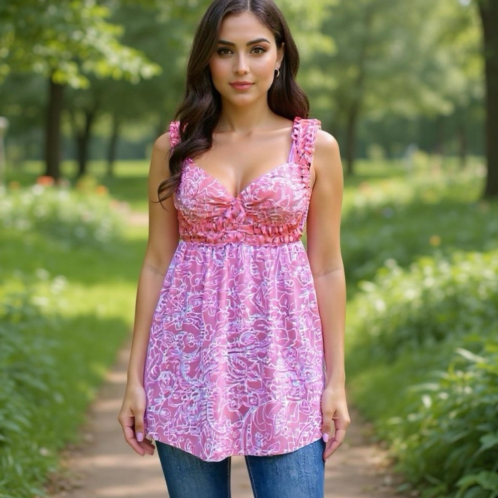 Vintage Pink Floral Braided Empire Babydoll Tank